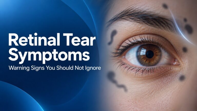 Retinal tear symptoms illustration with a close-up eye, dark floaters and a flash of light