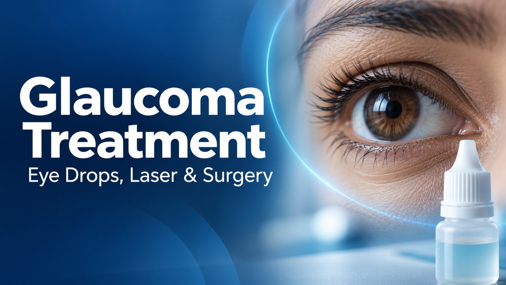 Glaucoma treatment options banner with a brown eye, eye-drop bottle and text about eye drops, laser and surgery