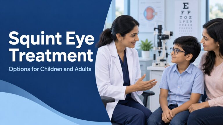 Squint eye treatment banner showing an ophthalmologist consulting a child wearing glasses with his mother