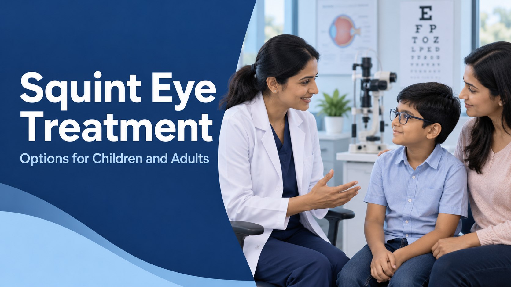 Squint eye treatment banner showing an ophthalmologist consulting a child wearing glasses with his mother